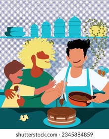 Boundless Pride: Nurturing Love, Parenthood, and Father's Day in LGBTQ+ Families - Bonding Through Baking: Gay Parents and Their Child Prepare a Chocolate Cake Together


