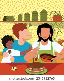 Boundless Pride: Nurturing Love, Parenthood, and Father's Day in LGBTQ+ Families - Bonding Through Baking: Gay Parents and Their Child Prepare a Chocolate Cake Together
