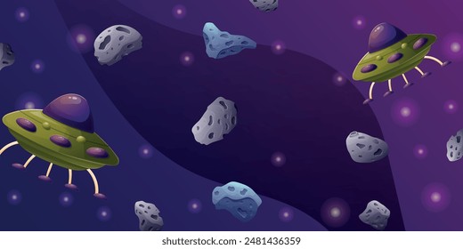 Boundless space with asteroids, stars and UFOs, flying saucers. Vector horizontal cartoon background.