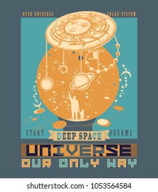 Boundless Universe, planets and stars t-shirt design. Father teaches the son to space. Symbol solar system, science, religion, astrology, astronomy 