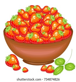 A bountiful harvest. Full bowl of beautiful juicy strawberry berries. Sweet red berries, a source of vitamins and pleasure. Vector illustration.