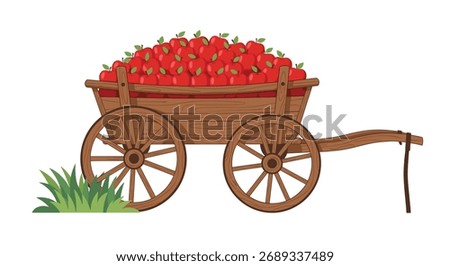 A bountiful harvest of ripe red apples overflowing from a rustic wooden wagon.
