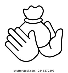 Bounty bag in hands thin line icon, design recruitment concept. Vector graphics. Hands with salary sack, money reward sign on white background, style mobile or design