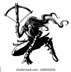 A bounty hunter in a dynamic pose, with long hair, a mustache and a crossbow in his hand, loaded with two arrows, on a white background . 2D Illustration.