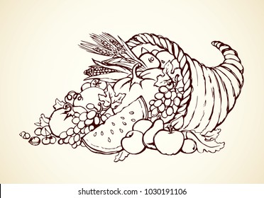 Bounty Wicker Produce Heap On White Paper Background. Outline Black Ink Hand Drawn Rich Farm Feast Day Concept Logo Emblem Decor Sketch In Ancient Art Doodle Cartoon Graphic Style With Space For Text