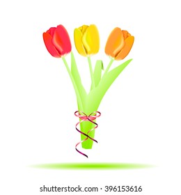 Bouqet of tulips with the ribbon bow. Vector Illustration