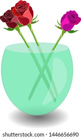 Bouquet of 3 roses in a vase of water. Vector illustration beatiful scarlet, violet and red roses in nice transparent bowl with water