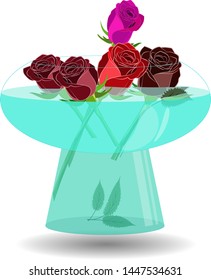 Bouquet of 5 roses in a vase of water. Vector illustration beatiful scarlet, violet and red roses in nice transparent bowl with water