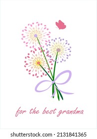 A bouquet of abstract flowers with a bow and a butterfly, the inscription for the best grandma, suitable for a postcard, poster.