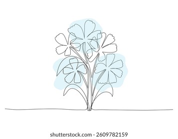 Bouquet of abstract flowers in continuous stroke drawing with color stain. One line art floral design. Spring or summer poster post banner decoration