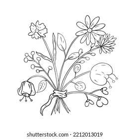 A bouquet of abstract flowers is drawn with a line. Coloring book with flowers.