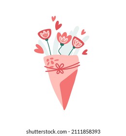Bouquet with abstract flowers and hearts. Pink craft paper, spring print, Valentine's or Women International Day card, floral element for banners, stickers, postcards.