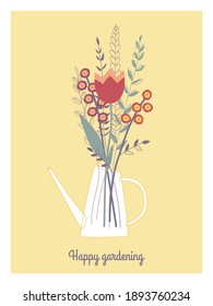 Bouquet of abstract spring flowers in watering can suitable for post cards, banners, posters on a yellow background