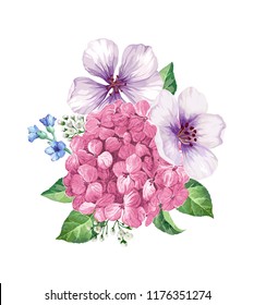 Bouquet of apple tree flower, gypsophila in watercolor style isolated on white background. For greeting cards, prints.