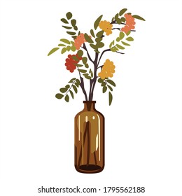 A bouquet of autumn flowers in a glass bottle. Beautiful home decor. Autumn colors. Plant in a vase. Realistic severed vase. Picture to postcards. Vector illustration on isolated background