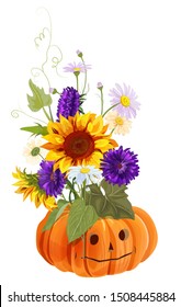 Bouquet autumn flowers: pumpkin, sunflowers, gerbera, white chamomile (daisy) flower, violet asters on white background. Digital draw, vertical illustration, watercolor style for Halloween, vector