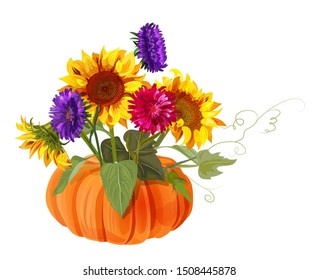 Bouquet autumn flowers with pumpkin, yellow sunflowers, orange gerbera daisy flower, blue, red asters on white background. Digital draw, illustration in watercolor style for Thanksgiving, vector