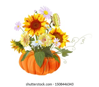 Bouquet autumn flowers: pumpkin, yellow sunflowers, orange gerbera, chamomile (daisy) flower, white asters on white background. Digital draw, illustration in watercolor style for Thanksgiving, vector