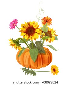 Bouquet autumn flowers with pumpkin: yellow sunflowers, orange, pink gerbera daisy flower on white background. Digital draw, illustration in watercolor style for design, vector