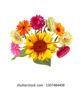 Bouquet autumn flowers: yellow sunflower, orange gerbera daisy flowers, white, red asters on white background. Digital draw, illustration in watercolor style for design, vector