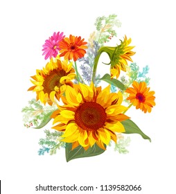 Bouquet autumn flowers: yellow sunflowers, gerbera daisy flower, small green twigs of Asparagus on white background. Digital draw, illustration in watercolor style for design, vector