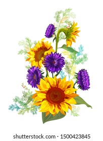 Bouquet autumn flowers: yellow sunflowers, purple aster (Michaelmas daisy) flower, small green twigs of Asparagus on white background. Digital draw, illustration in watercolor style for design, vector