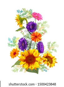 Bouquet autumn flowers: yellow sunflowers, gerbera daisy flower, purple asters, small green twigs of Asparagus on white background. Digital draw, illustration in watercolor style for design, vector