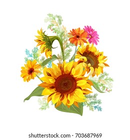 Bouquet autumn flowers: yellow sunflowers  gerbera daisy flower  small green twigs Asparagus white background  Digital draw  illustration in watercolor style for design  vector