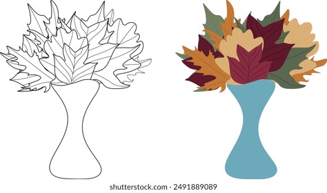 A bouquet of autumn leaves in an asymmetrical vase in color. Bouquet of autumn leaves in a vase, black and white. White isolated background. Bouquet of fallen leaves of tulip tree, maple and oak