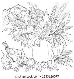 Bouquet of autumn leaves in a pumpkin black and white vector illustration