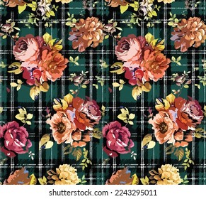 Bouquet of autumn roses pattern on plaid background