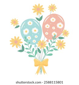 Bouquet of balloons, daisies and twigs with a bow isolated on white background.