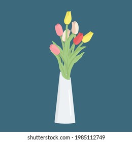 Bouquet of Beautiful Bright Tulips in  Vase. Decorative floral design elements. Floral and Interior design concept. Vector Illustration Isolated on dark blue background.