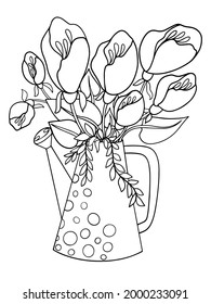 bouquet of beautiful fantasy flowers in a watering can vase contour illustration grass plants sketch doodle hand drawing picture coloring book on a white background stroke postcard graphics