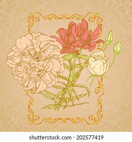 Bouquet of beautiful flowers in a gold frame with swirls in vintage style