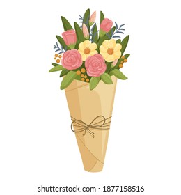 Bouquet of beautiful flowers in wrapping paper. Modern design for Holidays invitation card, poster, banner, greeting card, postcard, packaging, print. Vector illustration.