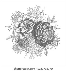 A bouquet of beautiful garden flowers. Peonies, roses, leaves, herbs and decorative plants. Vintage. Vector illustration. Black and white. Luxury decor for fashion design, advertising, wedding theme.
