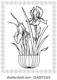 Bouquet of beautiful garden flowers in a vase, Black and white vector graphic illustration for a drawing book page