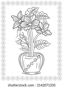 Bouquet of beautiful garden flowers in a vase, Black and white vector graphic illustration for a drawing book page