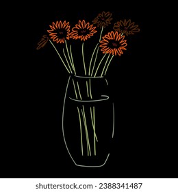 Bouquet of beautiful gerbera flowers. Minimalist floral doodle colorful element on black background.