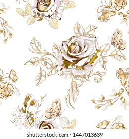 Bouquet of beautiful golden rose flowers and butterfly on white background, seamless pattern. Vector illustration.