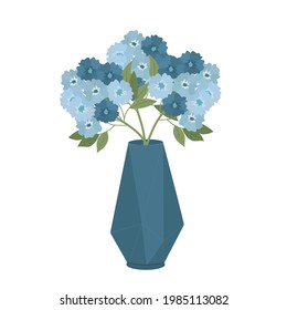 Bouquet of Beautiful Hydrangea in  Blue Vase. Decorative floral design elements. Floral and Interior design concept. Trendy Vector Illustration Isolated on white background.