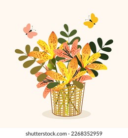 Bouquet of beautiful leopard-like Iris domestica flowers in a wicker basket with butterflies flying around. Floral cute print for spring cards. Vector.
