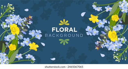 Bouquet of beautiful meadow flowers and herbs in vector, flat style. Decor of meadow flowers in vector.