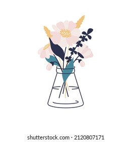 Bouquet of beautiful meadow and garden flowers, wildflowers, herbal plants, blooms in vase isolated. Floristic template for greeting card, posters, Women's Day, Mother's Day. Vector flat illustration 