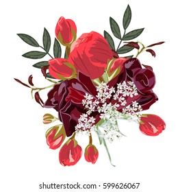 Bouquet of beautiful roses. Decor elements for greeting cards, wedding invitations, birthday and other celebrations. Isolated on white background.