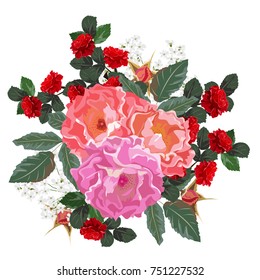 Bouquet of beautiful roses. Decor elements for greeting cards, wedding invitations, birthday and other celebrations. Isolated on white background.
