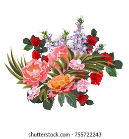 Bouquet of beautiful roses. Decor elements for greeting cards, wedding invitations, birthday and other celebrations. Isolated on white background.