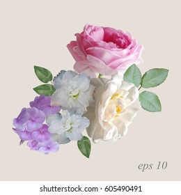 Bouquet of beautiful roses, phloxes and azaleas isolated on a greenish background. Photo-realistic gradient mesh vector illustration.