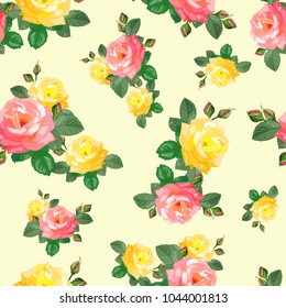 bouquet. Beautiful seamless pattern with  roses on a yellow background.Vector illustration in the style of shabby chic. Print for book covers, textile, fabric, wrapping gift paper